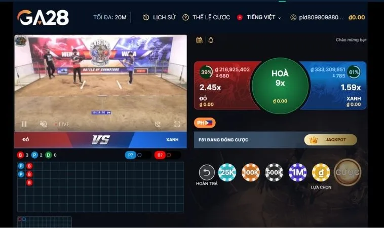 Giao diện cá cược Đá Gà GA28 Tại ANO88