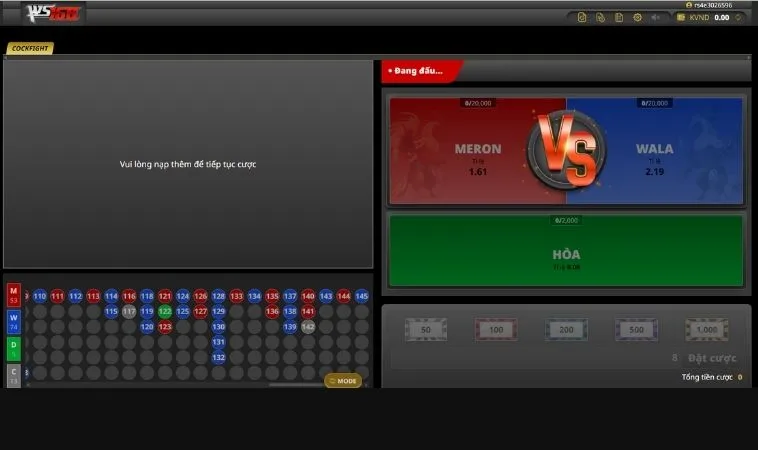 Giao diện đặt cược Đá Gà WS168 Tại ANO88