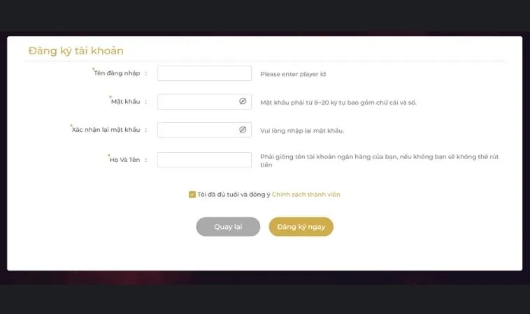 Giao diện đăng ký ANO88