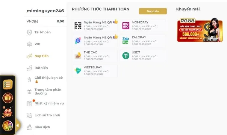 Giao diện nạp tiền ANO88