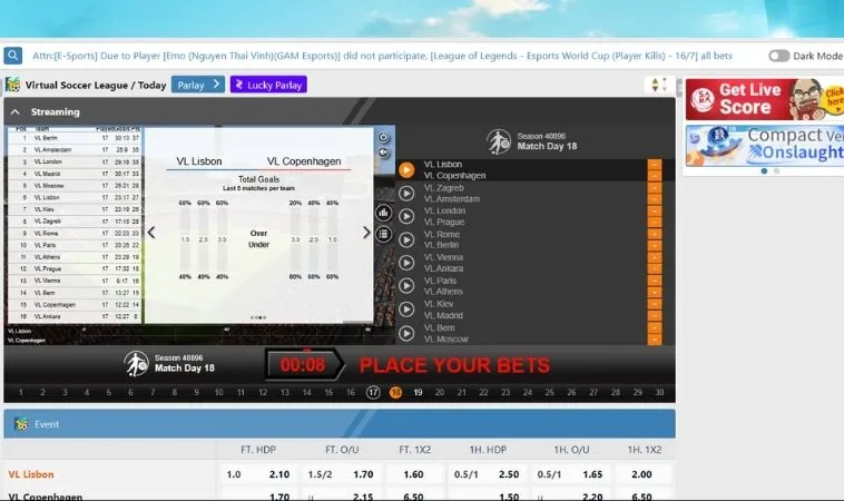 Giao diện đặt cược thể thao ảo ANO88